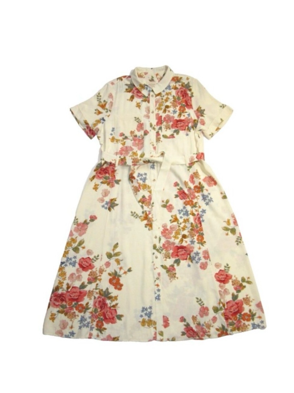 NWT. Sezane Adele Midi Dress Calvi Print, Cream Floral with Pink & Blue Blooms - Picture 3 of 7